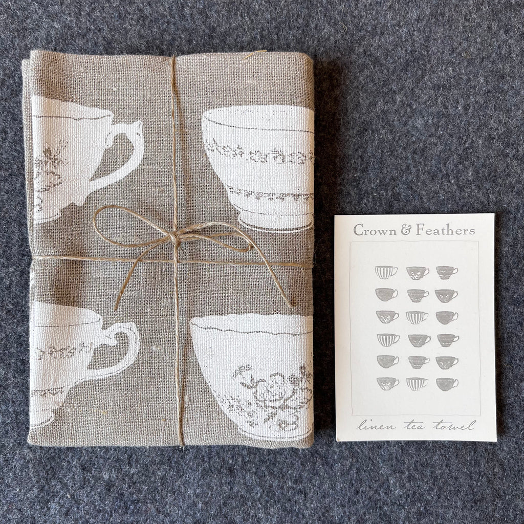 Crown and Feathers Linen Tea Towel  Tea Cups