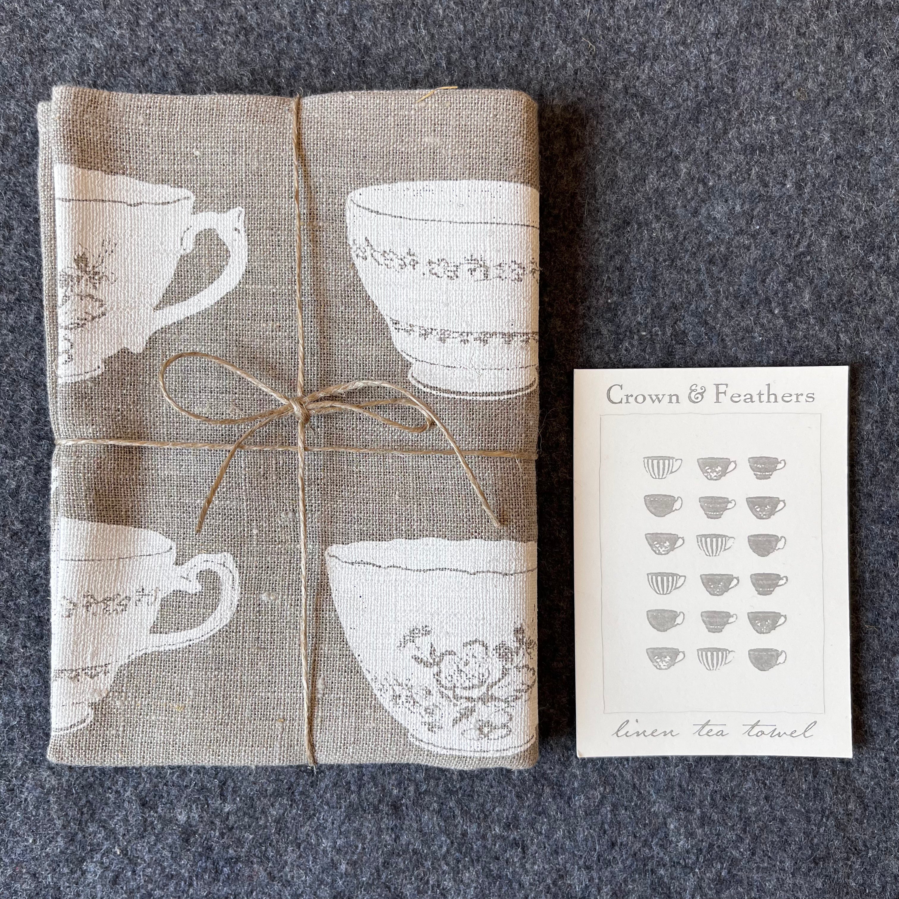 Crown and Feathers Linen Tea Towel  Tea Cups