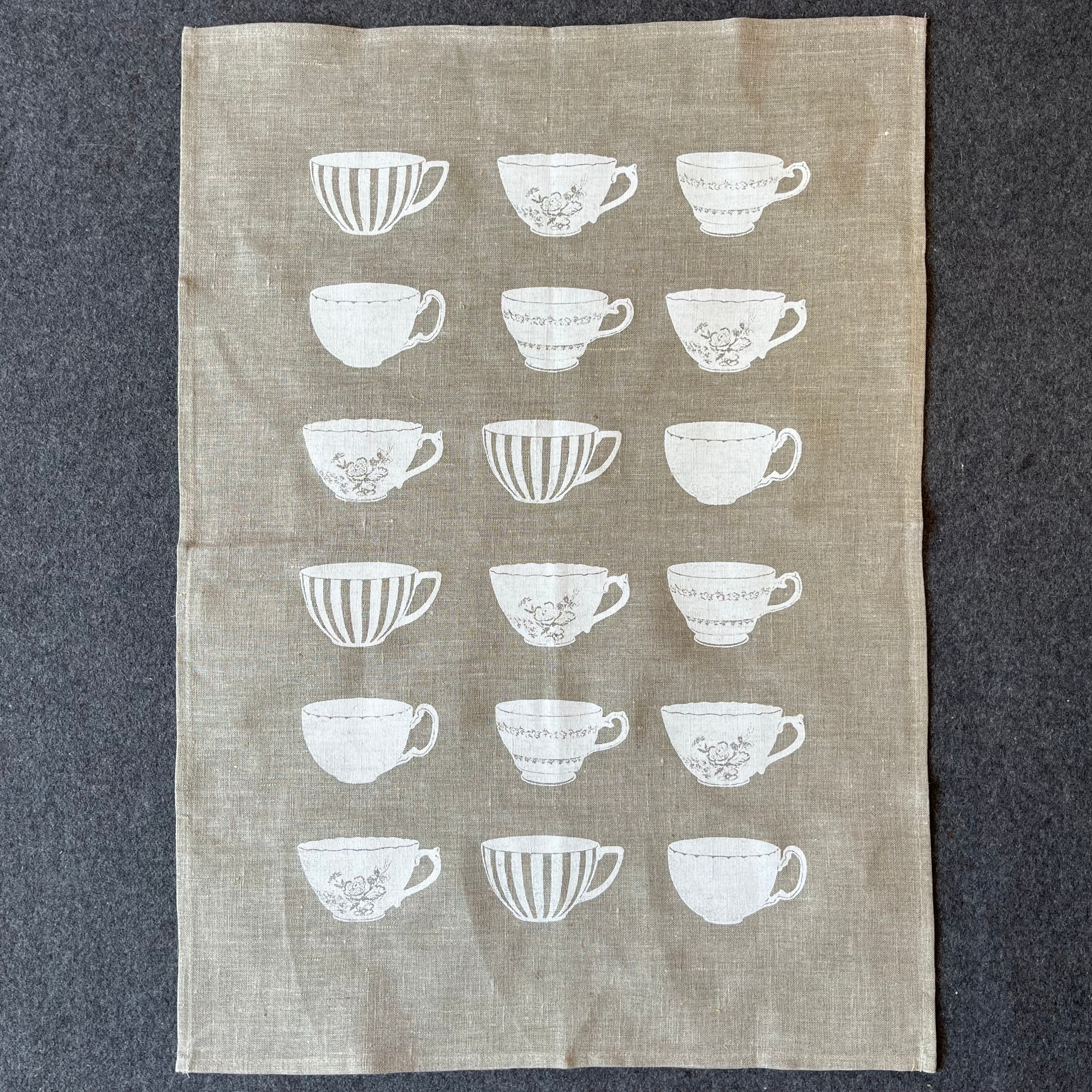 Crown and Feathers Linen Tea Towel  Tea Cups
