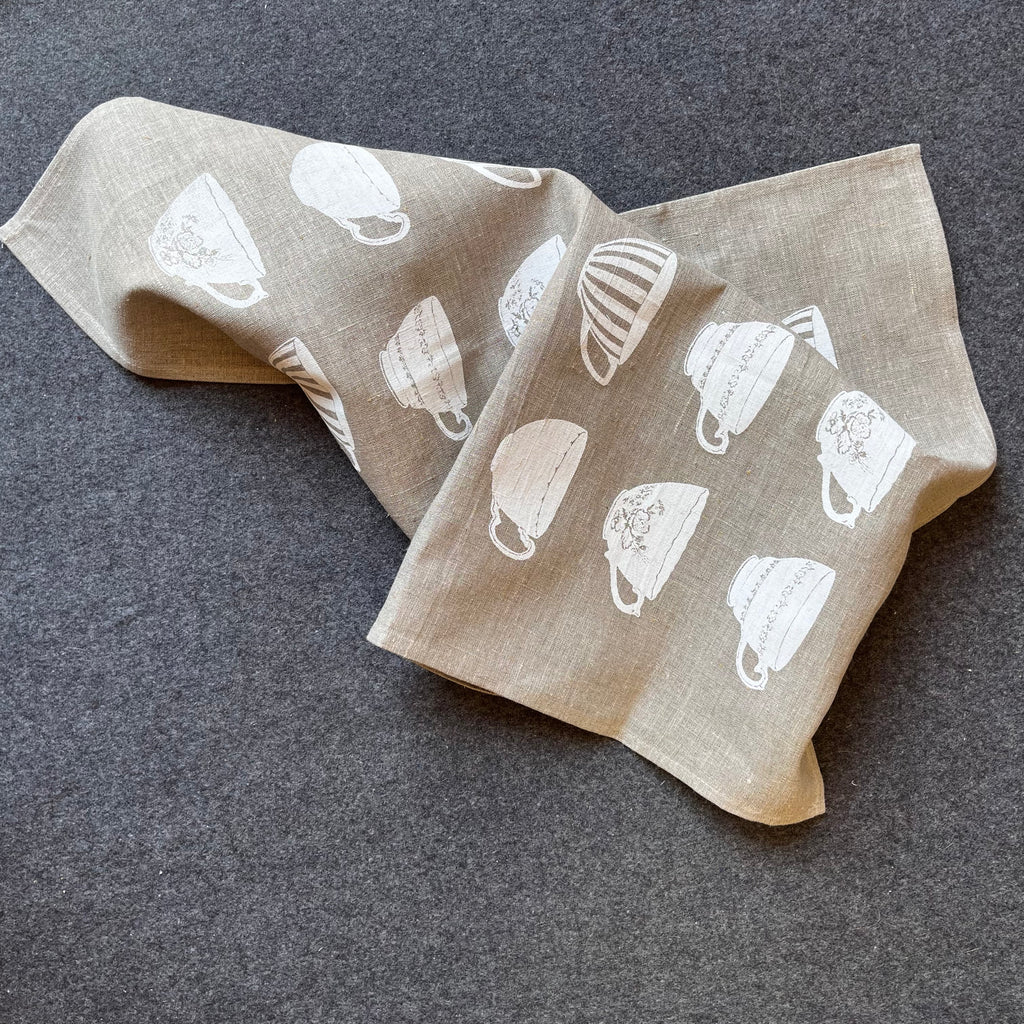 Crown and Feathers Linen Tea Towel  Tea Cups